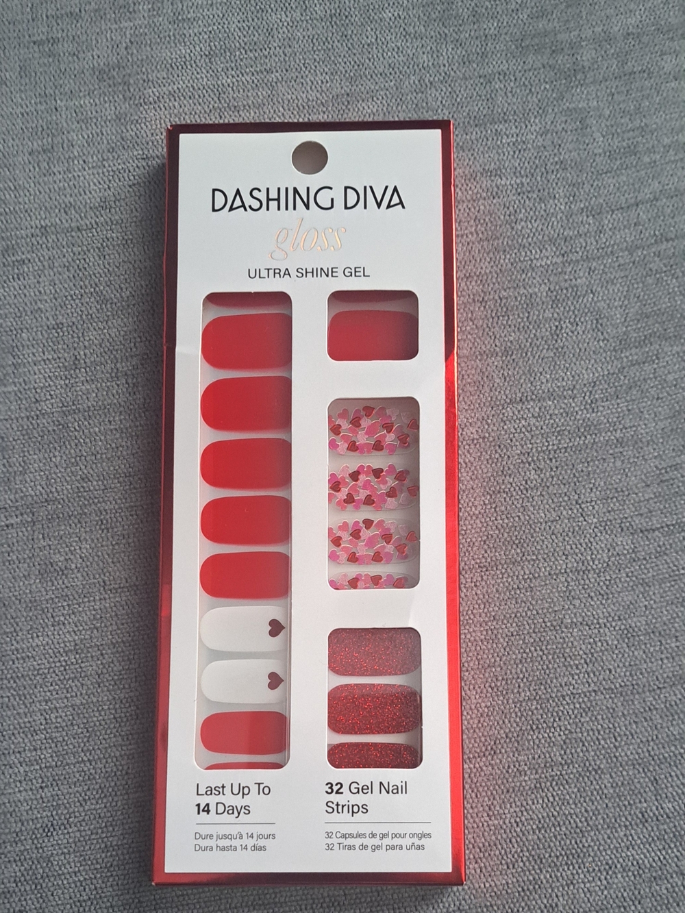 Dashing Diva Glass Ultra Shine Gel Nail Strips — Red & White Heart Accents